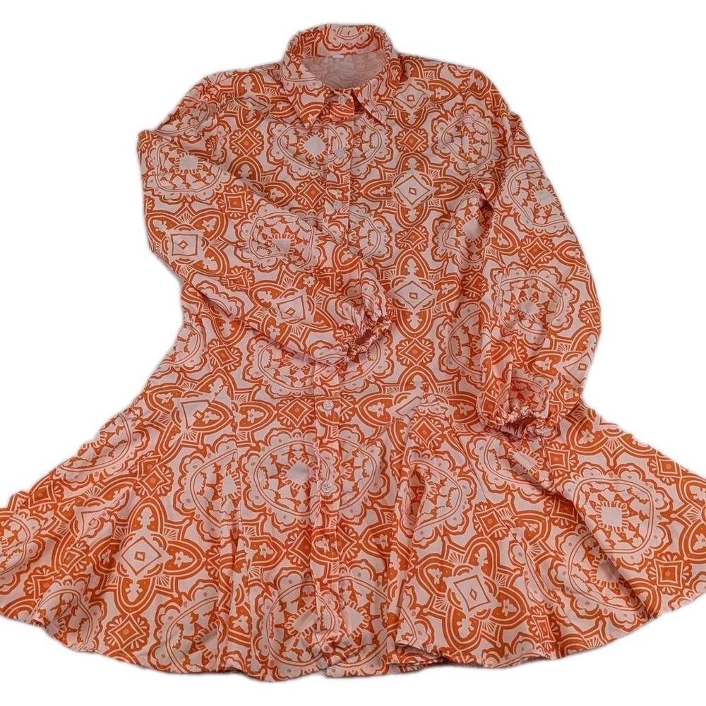 Graphic Puffed Long Sleeve Dress Pattern Button Up Mini Skater‎ Whimsy Tangarine